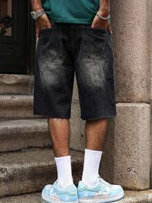 ROMWE MEN 男士时尚休闲街头水钻刺绣水洗牛仔短裤 - 黑色 - 查看 3