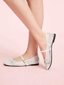 CUCCOO DOLLMOD Flat Bottom Round Toe Ballet Girl Mesh Lace Mary Jane Shoes - Apricot - View 5