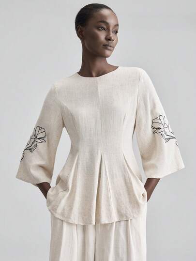 Ontre 2026SS New Women's Shirt, Contrast Embroidery, Flared Sleeves, Waist Cinched, Round Neck, Casual Waist Shirt, Independence Day, Urban Chic, Minimalist Fashion Commute, Wedding Guest Attire, Holiday Outfit, Designed, Elegant,Tea Party Clothing, Casual Loose Daily Women's Bestseller Solid Color, Office Outfit, Holiday Wear, Back To School Light Vacation Style, Daily Wear, Women's Summer Casual, Linen Top For Women Bell Sleeves Women's Work Tops Modest Tops For Women Embroidered Sleeves