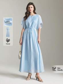 Ontre 2026春夏新款女士长裙，梭织面料，适合婚礼宾客、浪漫约会等场合，蓝色，收腰设计，褶裥款式，沙滩裙，度假装，宽松A字廓形，纽扣设计，独立日、都市时尚、简约风、通勤风，百搭长裙，女士度假装 - Dark Blue - 查看 2