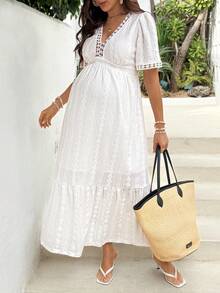 SHEIN 孕妇夏季休闲度假纹理荷叶边下摆连衣裙 - 白色 - 查看 7