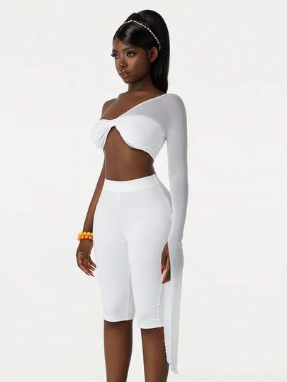 Amplova Women's Solid Color Twist Design Mesh Patchwork One Shoulder Cropped Top And Leggings Sexy 2-Piece Set