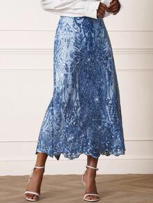 Lilora 女士优雅蕾丝串珠半身裙，时尚夏季 - 藍色 - 查看 1