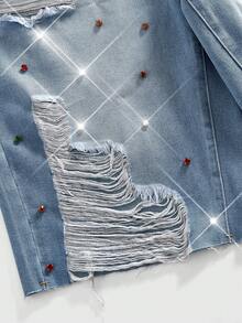 ROMWE MEN Pantalones cortos de mezclilla casuales y sueltos con tachuelas para hombre - Azul - Ver 4