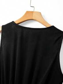 GlowEve Women's Black Satin V-Neck Sleeveless Metal Buckle Tie Waist A-Line Hollow Floral Lace Trim Little Black Dress, Elegant And Fashionable Spring/Summer - Black - View 6