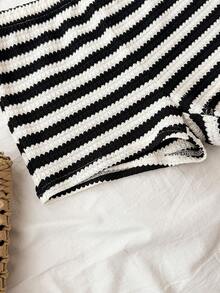 Tween Girls Tank Top Co-Ords 2pcs/Set Vacation Active Red & White Striped Texture Twist Bandeau Top And Super Short Casual Pants, Party, Casual Beach Holiday - Black and White - View 5