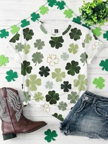 EMERY ROSE 圣帕特里克节四叶草图案印花女式圆领短袖休闲T恤 – 节日派对、春季、春假、夏季 - 彩色 - 查看 6
