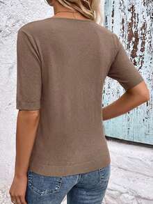 SHEIN Clasi Classic Solid Color V-Neck Short Sleeve Casual Knit Minimalist Sweater - Coffee Brown - View 2