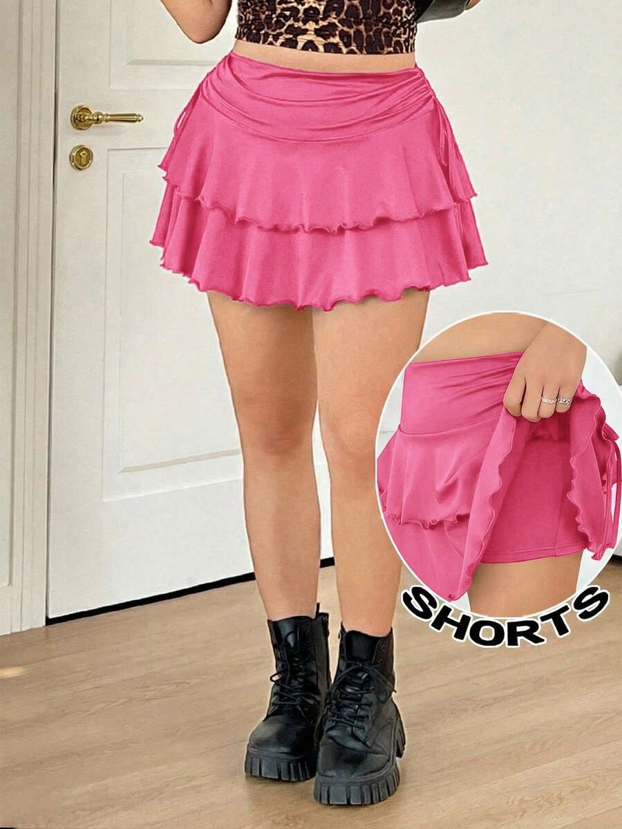 Solflare Plus Size A-Line Skirt With Side Drawstring Detail,Spring Summer Clothes Fall - Pink - View 1