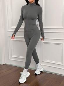SHEIN PETITE 3pcs Brown Knit Women's Sports Set, Suitable For Yoga, Running, Workout, Daily Wear, Autumn/Winter - Grey - View 7