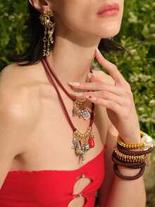 Glisma 1 件欧美风格手工奢华几何叶鱼吊坠 PU 皮绳多层项链，适合女士，优雅设计 - 多層項鍊 - 查看 7