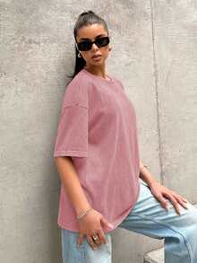 SHEIN EZwear 宽松纯色圆领落肩短袖休闲T恤，莲藕粉色 - 藕粉色 - 查看 7
