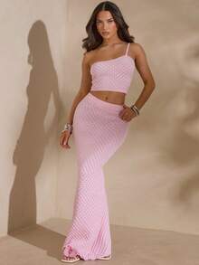 SHEIN Glamour Set de 2 piezas de suéter elegante de punto rosa para mujer, conjunto de suéter estilo playa - Rosa - Ver 8