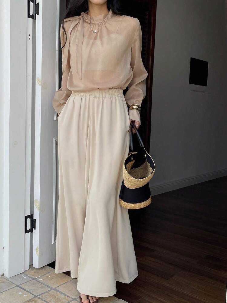 Women's Elegant Commuter Solid Color Shirt And Wide Leg Pants 2 Pieces Set Summer