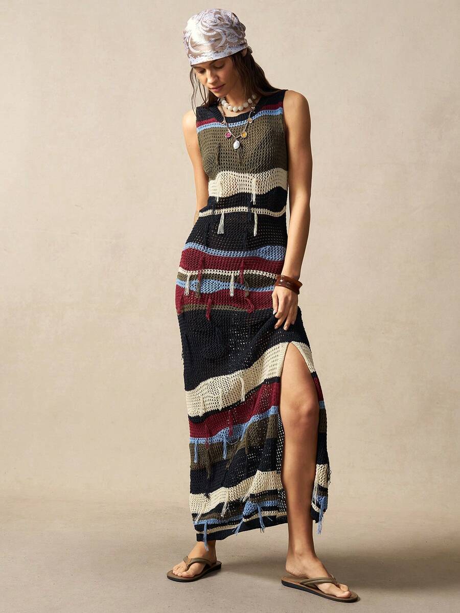 Bohemela Women Striped Round Neck Sleeveless Side Slit Hem Knitted Dress - Multicolor - View 1