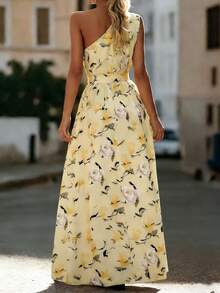 Balvessa Women's Fashion Asymmetric Neck Ruched A-Line Elegant Printed Pleated Split Dress, Suitable For Spring And Summer - Multicolor - View 2