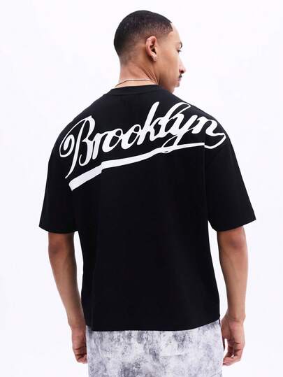 SUMWON Men's Oversized Black Brooklyn Script Graphic Short Sleeve Crew Neck Cotton T-Shirt With Large Back Print Streetwear Style