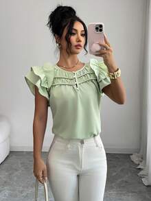 SHEIN Elenzya 女士春夏法式甜美风单件上衣，浅薄荷绿方领多层荷叶边褶皱短袖宽松薄纱上衣 – 采用柔和的薄荷绿面料，搭配层叠荷叶边褶皱细节，优雅甜美的通勤族和精致女孩的理想之选，完美适用于办公室通勤、闺蜜约会、复活节春季野餐、徒步旅行、情人节约会和婚礼宾客着装（时尚春夏女士上衣） - 薄荷綠 - 查看 6