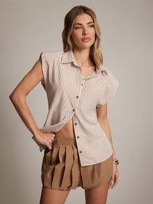 Hauture Women's Shirting Stripe Button Front Sleeveless Blouse Office Wear - Multicolor - View 1