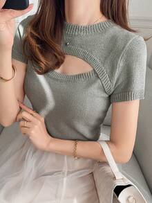 FRIFUL 女士圆领镂空前片紧身短袖性感针织上衣 - 灰色 - 查看 4