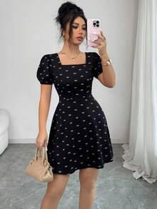 SHEIN Raffinéa Women's Spring/Summer Butterfly Print Dress, Women's Square Neck Puff Sleeve Backless Bow Tie A-Line Dress - Multicolor - View 6