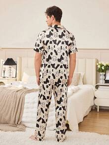CoupledUp Cartoon Cow Animal Print Contrast Trim Poplin Short Sleeve Pajama Set With Lapel Collar For Men - Multicolor - View 2