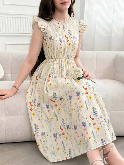 Sparklyn Đầm tay ngắn in hoa, thắt eo, thích hợp cho nữ tuổi teen, đi nghỉ mát, mặc thường ngày và dạo phố.