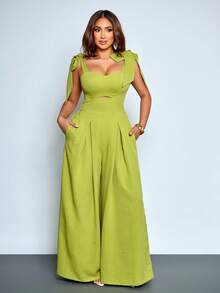 SOLERSUN 女士方形心形领口蝴蝶结露肩阔腿喇叭连体裤，后背褶皱优雅连体裤，适合派对/约会/通勤，优雅修身，适合休闲/通勤/派对/约会 - 綠色 - 查看 5