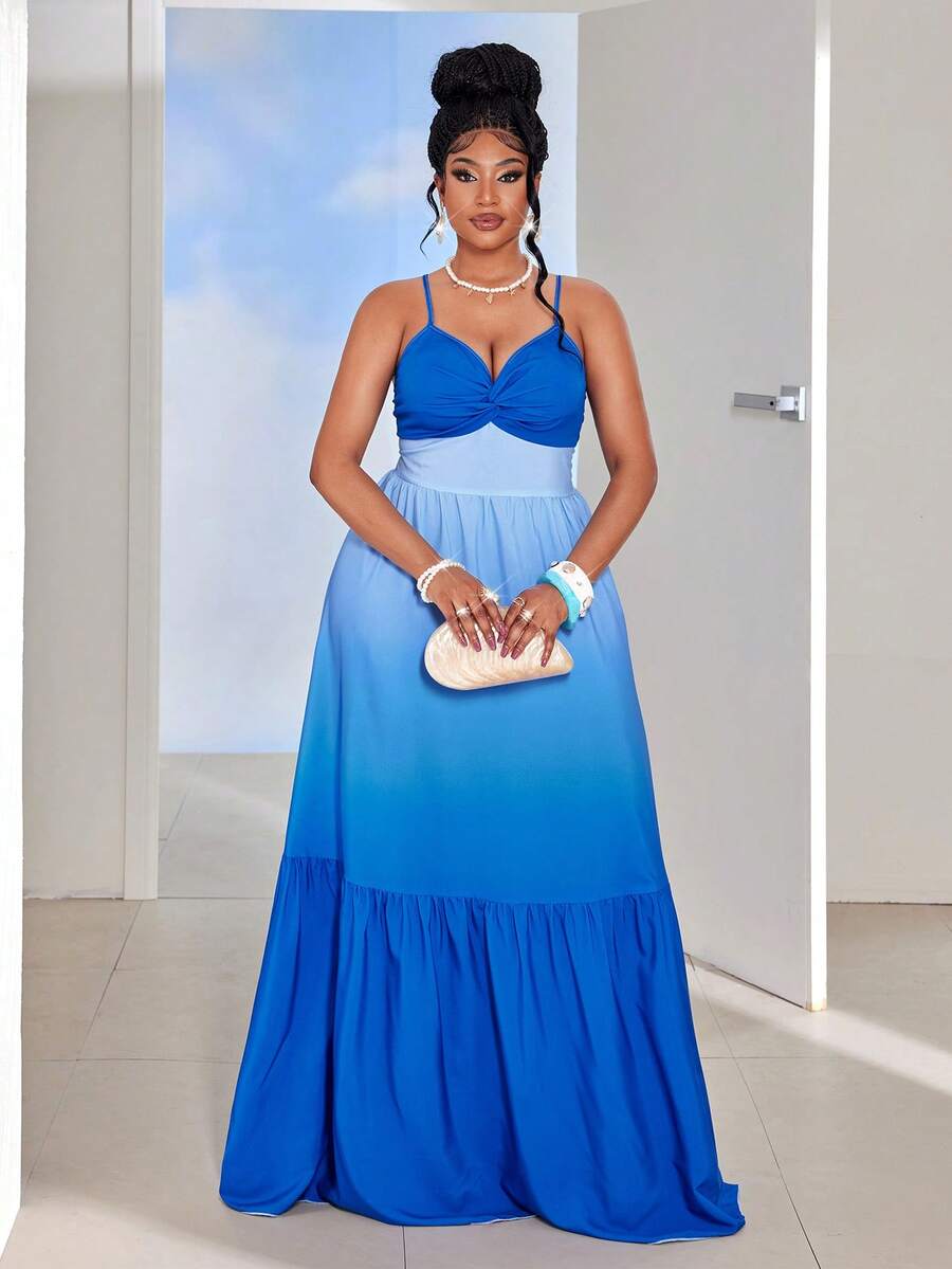 Maweii Plus Size Women Gradient Blue Twist Strap Layered Dress, Vacation Style
