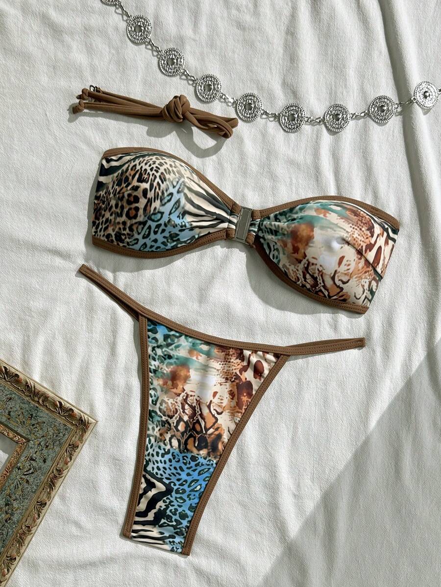 Swim Vcay Digital Print Wireless Halter Backless Bikini Top And Thong Bottoms Women Sexy Swimwear Set For Beach Vacation, Spring/Summer - Multicolor - View 1