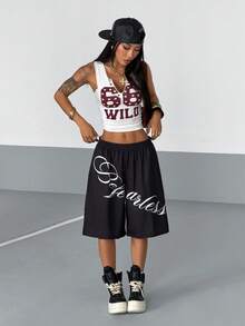 StreetHx Women's Fashionable English Letter Print Loose Shorts - Black - View 5