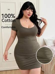 SHEIN EZwear Plus Size Women's Casual Fitted Elastic Green Round Neck Ruched Mini Dress, Dolman Sleeves, Style Bodycon Short Curvy - Army Green - View 1