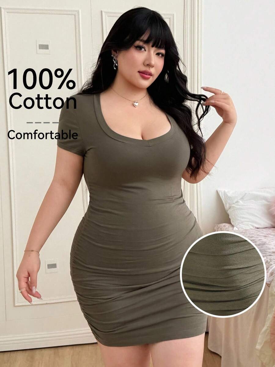SHEIN EZwear Plus Size Women's Casual Fitted Elastic Green Round Neck Ruched Mini Dress, Dolman Sleeves, Style Bodycon Short Curvy - Army Green - View 1