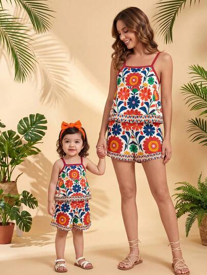 SHEIN Two Pieces Set For Baby Girls Aged 6 Months To 2-3 Years Old, Featuring Vintage Mexican Style White Background With Colorful Embroidery And Floral Prints, Lace Patchwork Camisole Top And Shorts, Thin Fabric, Vibrant And Eye-Catching. This Set Is Perfect For Beach Vacations/Daily Outings, Summer Children's Clothing