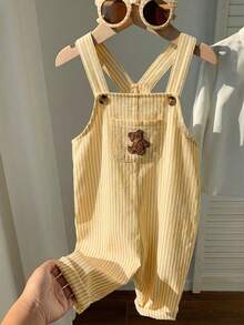 SHEIN 男婴休闲可爱百搭条纹卡通熊图案围兜连体衣 - 黃色 - 查看 3