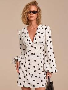 Women's Elegant Deep V-Neck Cinched Waist Mini Polka Dot Dress, Chic And Versatile For Commute, Office, Dates, Weddings, Spring, Wrap Dresses For Women, Women's Wrap Dress, Polka Dot Wrap Dress, Long Sleeve Wrap Dress - Black and White - View 4