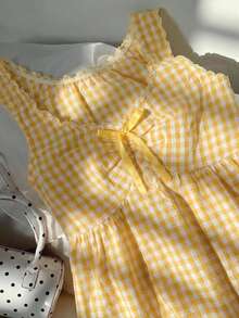 CovetEZ 女士甜美度假风橙白格子上衣，荷叶边设计，饰有蝴蝶结 - 珊瑚橙 - 查看 6