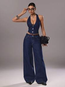 TRNVIE 女士性感露背吊带上衣和阔腿牛仔裤套装，夏季 - 藍色 - 查看 4