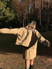 Livesso Women's Casual Denim Patchwork Collared Top And Skirt Set - Khaki - View 5