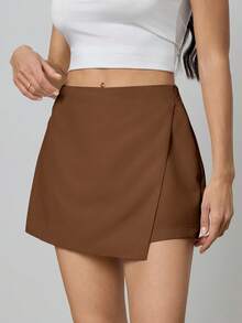 SHEIN Tall 女士纯色简约日常裹身白色半身裙 - 棕色 - 查看 6