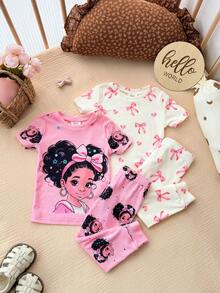 SHEIN 女婴可爱夏季紧身针织卡通图案短袖睡衣套装 - 粉色 - 查看 4