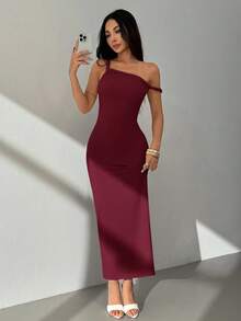SHEIN PETITE 女士纯色不对称肩带修身简约长连衣裙，夏季 - 酒紅色 - 查看 7