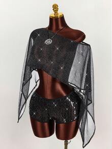 Amplova 2026 Music Festival Sheer Asymmetric Hem Crop Top & Low Waist Sequin Mini Shorts Set For Women Mesh Cover Up Bathing Suits With Ups - Black - View 4