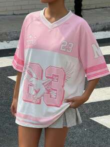 SHEIN Girls' Pink Sports Jersey Short Sleeve T-Shirt - Multicolor - View 6