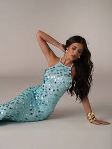 SHEIN BAE 女士纯色亮片露背修身吊带连衣裙 - 淺藍色 - 查看 7