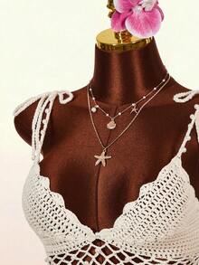 Amplova 女士珍珠吊带镂空露脐上衣，性感V领露背花卉蕾丝边饰珍珠下摆流苏吊带 - 杏色 - 查看 4