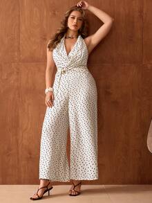 Roveilla Plus Size Women's Black And White Summer 1920s Flapper Elegant Holiday French Luxury Crossover V-Neck Knotted Metal Decor Pocket Sleeveless Jumpsuit - Apricot - View 6