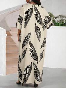 SHEIN Lady 大码女式热带印花露肩蝙蝠袖宽松休闲连衣裙，适合春、夏、秋季穿着 - 彩色 - 查看 4