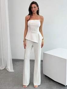Aloruh 女士纯色不对称下摆抹胸上衣和喇叭裤时尚套装 - 白色 - 查看 6