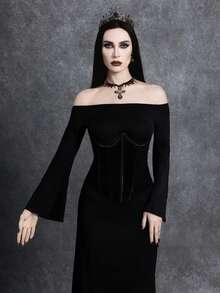 Glisette Off Shoulder Long Sleeve Fitted Waist Bodycon Maxi Dress With Shapewear Bustier - Black - View 5